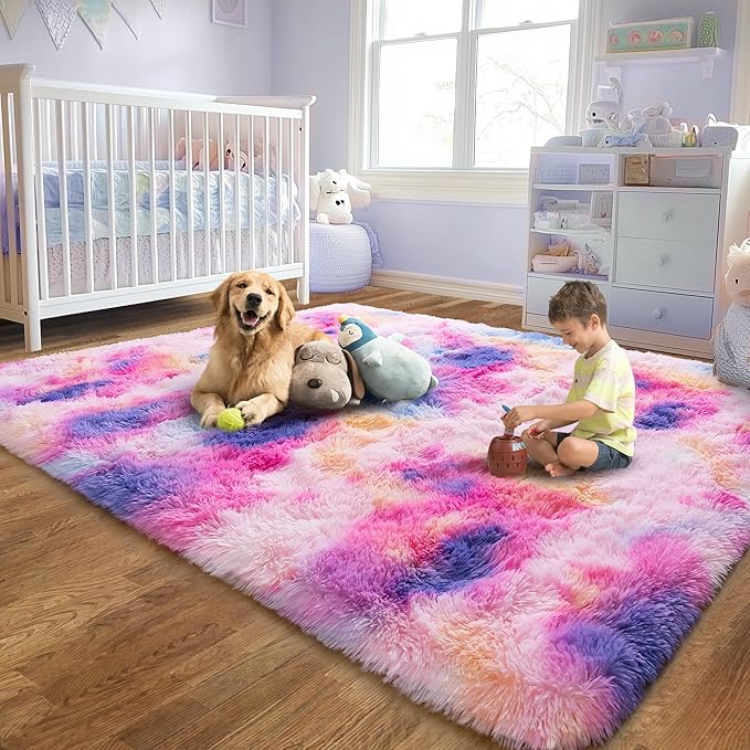 6x9 Fluffy Fuzzy Area Rug for Living Room Bedroom, Ultra Soft Large Living Room Rugs, Non Slip Thick Shag Rug for Dorm, Kids Girls Boys Rug for Home Decor Aesthetic, Dark Rainbow