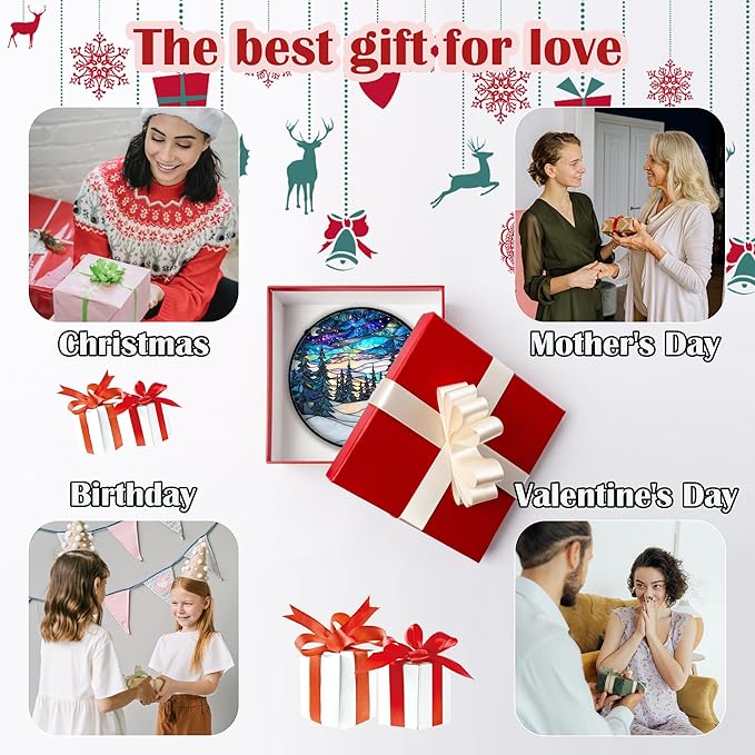 Stained Glass Window Hanging, Starry Sky Trees and Snow Sun Catchers Glass Panel Blue Suncatcher Decor for Birthday for Women, Men, Wife, Aunt, and Mom 11.8x11.8 in