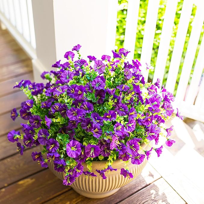 HyeFlora Artificial Flowers for Outdoors Fake Plants Outside Decoration, 12 Bundles Silk Purple Morning Glory with Eucalyptus UV Resistant Look Real Faux Flower for Planter Front Door Porch Patio Yard