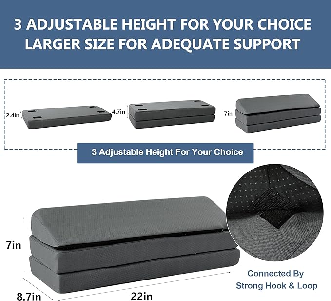 HOMBYS 3-in-1 Adjustable Height Wedge Pillow, 7" Height Leg Knee Pillow for Side Sleepers & Aligns Spine, Supportive Bolster Pillow for Pregnancy Relieves Pressure Hip Leg Elevation, 22", Dark Grey