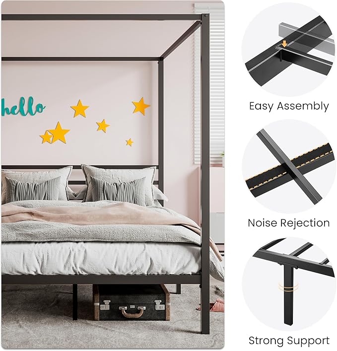 SHA CERLIN Canopy Bed Frame Queen Size/Mattress Foundation with Metal Slats Support/No Box Spring Needed/Easy Assembly/Black