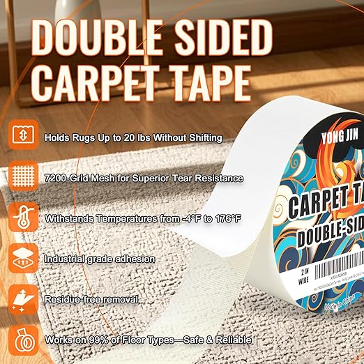 YONGJIN Double Sided Carpet Tape - Heavy Duty Rug Tape Gripper for Hardwood Floors No Damage, Secures Area Rugs, Laminate & Tile (2 Inch x 30 Yards)