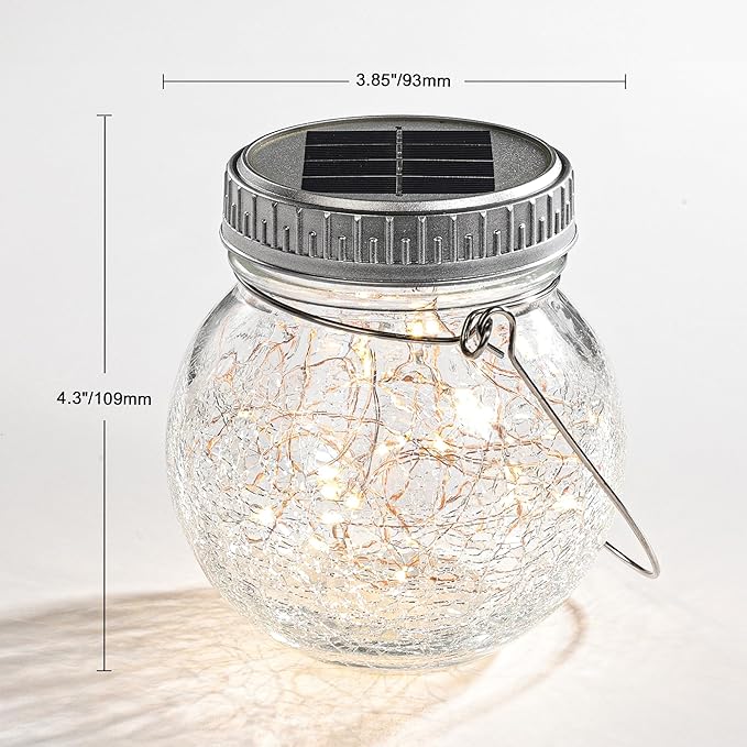Cooo 6 Pack Crackle Glass Solar Lantern with 30 LED Firefly Lights– Waterproof Outdoor Hanging Lamp 215% Larger Solar Panel, Anti-Rust Lids Decorative Lighting for Garden Patio Table