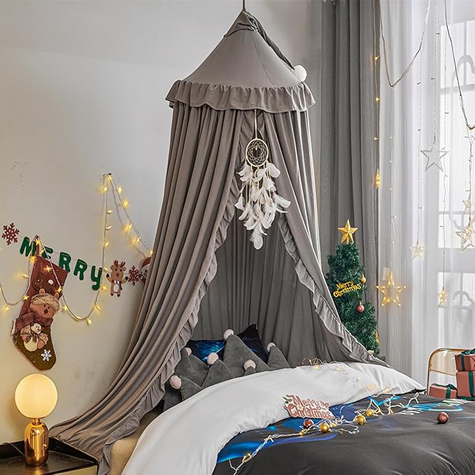 VETHIN Bed Canopy for Girls,Princess Round Dome Dreamy Mosquito Net Bedding Girls Room Castle Play Tent Hanging House Decor Reading Nook Canopies (Grey)