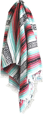 Del Mex Classic Mexican Blanket, Large Authentic Woven Falsa Throw (70"x50"), Artisan Southwest Décor for Beach, Yoga, Outdoors (Pink/Mint)