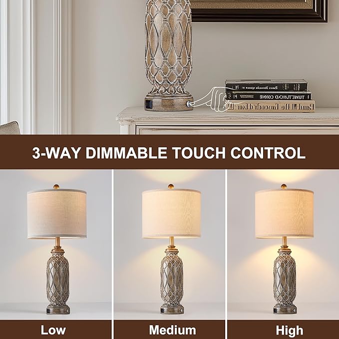 Farmhouse Lamps for Living Room Set of 2, 28" Table Lamps for Bedroom with USB Ports, 3-Way Dimmable Nightstand Table Lamp (Bulbs Included)