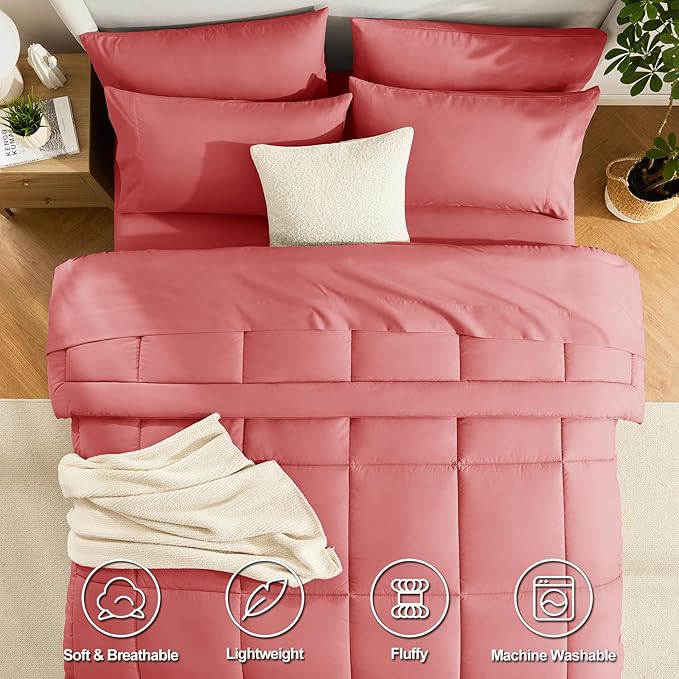 CozyLux King Size Comforter Set Coral, 7 Pieces Bed in a Bag, Coral Comforter King Size, All Season Bedding Sets with Stitch Quilted Comforter, Flat Sheet, Fitted Sheet, Pillowcases
