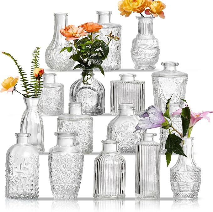 Glass Bud Vases Set of 16 - Assorted Small Mini Glass Vases for Flowers, Crystal Vintage Vase Set, Bulk Centerpieces for Table Décor, Wedding, Home and Events (Clear, 16 Pcs)