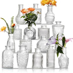 Glass Bud Vases Set of 16 - Assorted Small Mini Glass Vases for Flowers, Crystal Vintage Vase Set, Bulk Centerpieces for Table Décor, Wedding, Home and Events (Clear, 16 Pcs)