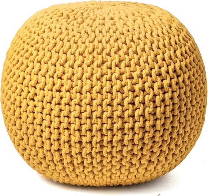 FRELISH DECOR Round Pouf Ottoman Hand Knitted 100% Cotton Pouf Foot Stool - Knitted Bean Bag - Floor Chair for Living Room Bedroom - Foot Rest for Couch (20 Diameter x 14 Height) - Yellow