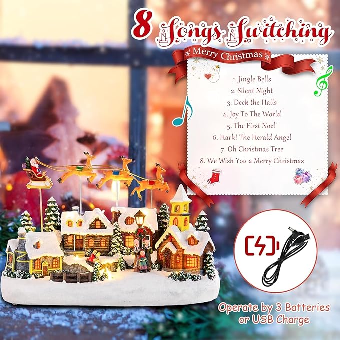 Bdor Christmas Village Lighted Decoration Musical Animated Display Christmas Collectible Santa Deer Battery Operated Indoor Decor