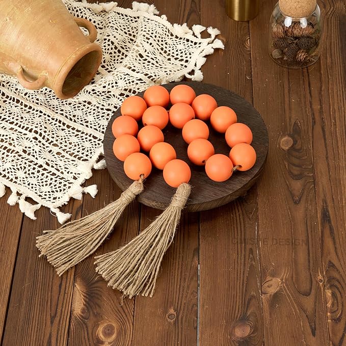 OMISHE Extra Large Wood Bead Garland Orange with 1.6" Diameter Wooden Beads and Tassels, 41" Long Rustic Farmhouse Country Decorative Beads for Home Tiered Tray Decor, Orange