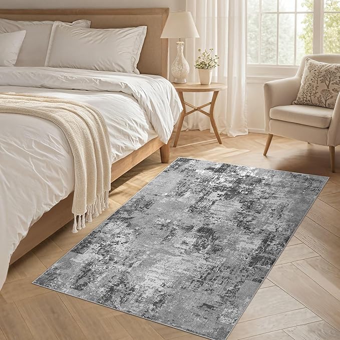 Tortania Washable 3x5 Area Rug - Modern Abstract Neutral Rugs Indoor Soft Thin Mat Non Slip Carpet for Entrance Front Door Living Room Bedroom Home Floor Decoration - Grey