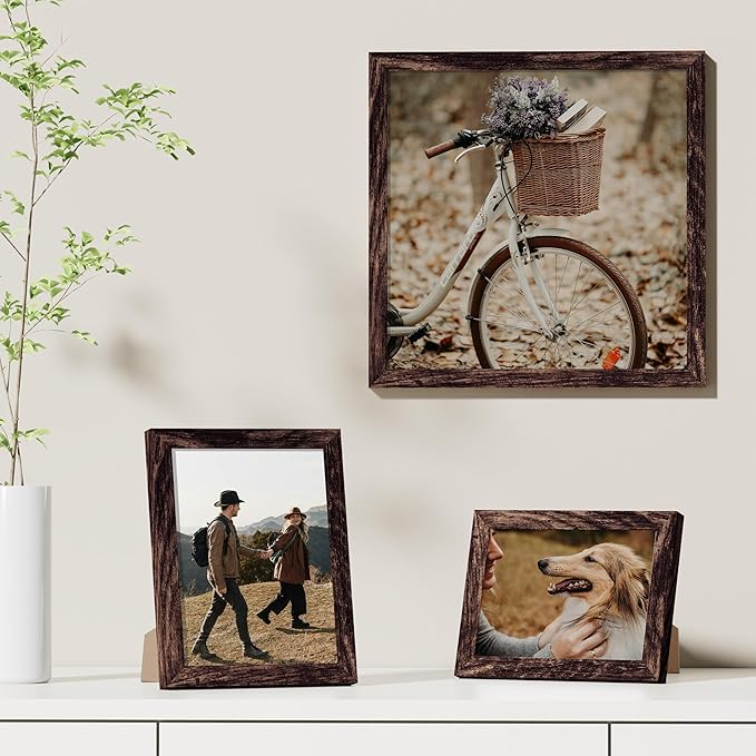 Vittanly 12x12 Picture Frames Set of 9, Shatter Resistant Plexiglass, Display 8x8 Pictures with Mat or 12x12 without Mat, Photo Frames for Wall Mount, Engineered Wood, Brown