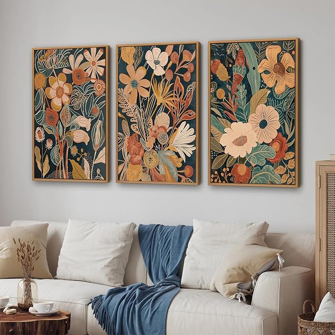 Tinonedraw Burnt Orange Floral Framed Canvas Wall Art Set of 3, Boho Chic Flower Artwork, Mid Century Modern Wall Decor, Colorful Neutral Botanical Art Prints for Bedroom Living Room Office 24"x36"