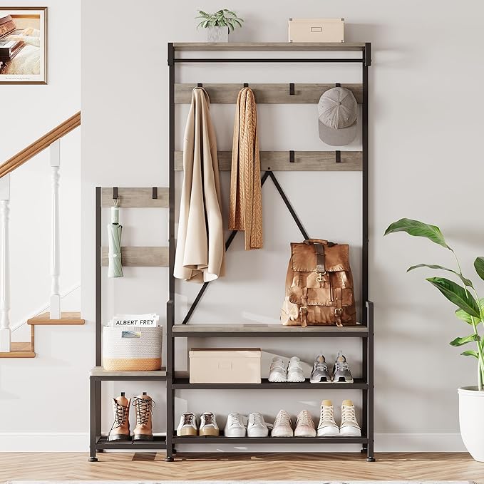 IDEALHOUSE Hall Tree with Bench and Shoe Storage Parent-Child Coat Rack Shoe Bench Industrial Coat Tree Entryway Large Organizer with Shoe Rack, Storage Cubbies, Hooks, and Top Shelf