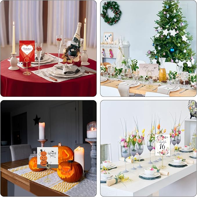 26 PCS Table Number Holder - Card Stand Wire Photo with Floral Cards, Place for Weddings Party Office Paper Memo Menu Note Clips, Gold