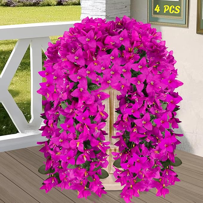 Artificial Bougainvillea Flowers for Outdoor Plant,4 pcs Faux Hanging Flowers Bougainvillea for Outside Decoration,Fake Silk UV Resistant Vines for Front Door Porch(Fuchsia)