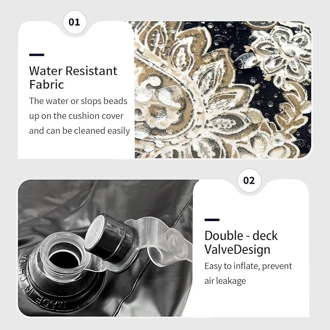 Inflatable Ottoman Stool D31 xH14 for Outdoor/Indoor Use, Water Repellent Patio Foot Rest Stool with Portable Handle,Round Pouf Ottoman Suitable for Garden,Deck and Camping - Paisley Black