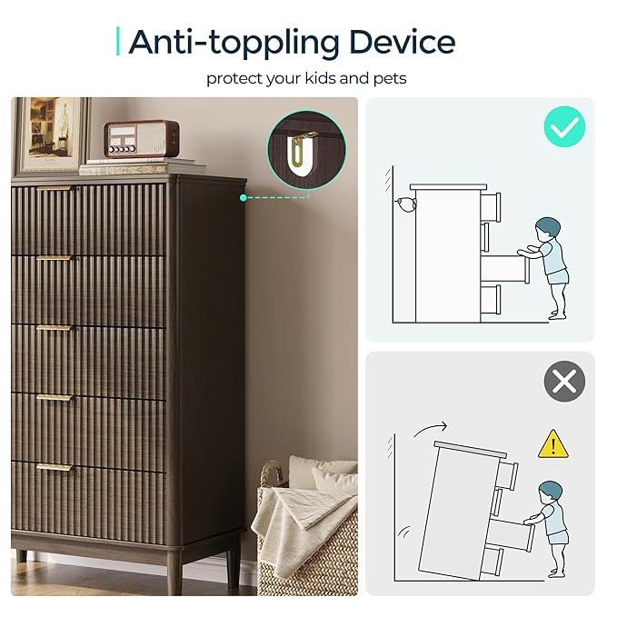 LINSY HOME Fluted Dresser for Bedroom with 5 Drawers, 46" Tall Mid Century Modern Dressers, Wide Boho Chest of Drawer, Large Wood Accent Storage Cabinet for Living Room, Curved Profile Design, Walnut