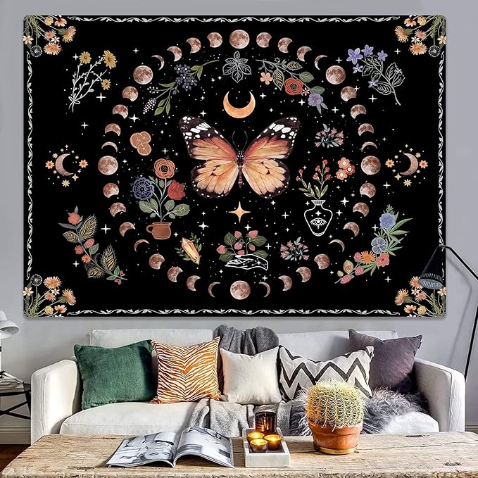Fowocu Orange Butterfly Moon Flower Tapestry Boho Floral Plant Tapestries for Bedroom Aesthetic Tapastry's Wall Hanging Mandala Botanical Wall Tapestry for Living Room Dorm (Yellow, 90'' × 68'')