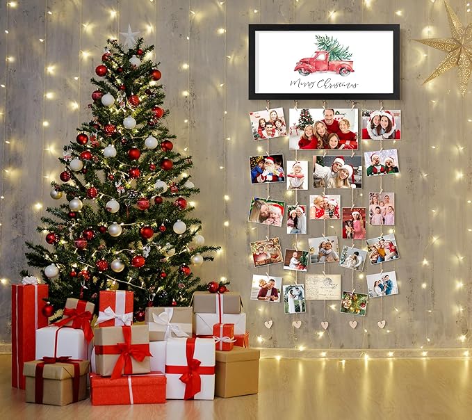 Christmas Card Holder Display Collage Picture Frames For Wall Interchangeable Holiday Decor Clips Photo Holders Merry Christmas Hanging Sign Wooden Photo Holder for Gift Card Holder Christmas Decor