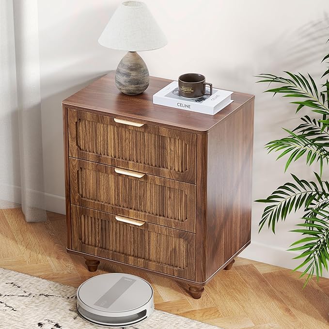 Fluted Nightstand Set 2 22.9'' Wood Nightstands with Drawers Bedside Table Set of 2 Mid Century Drawer Dresser for Bedroom Living Room Walnut