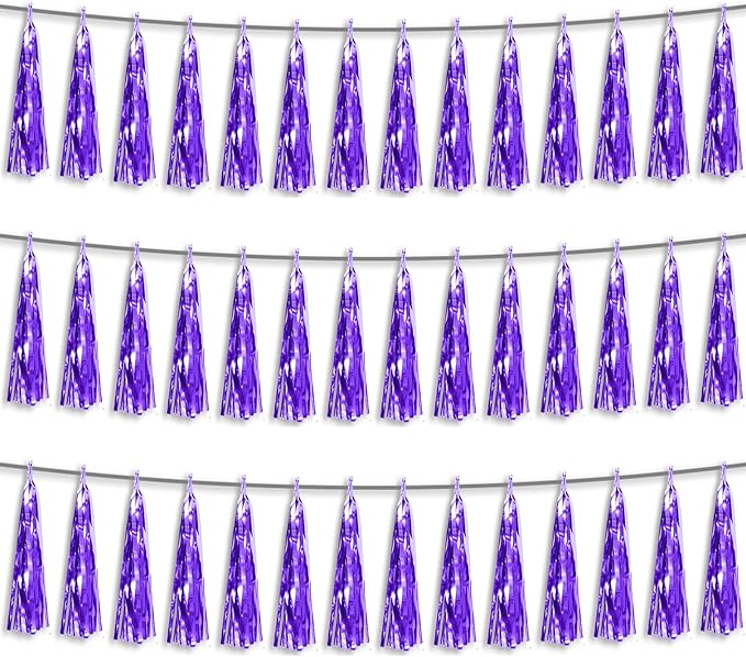 3P Purple Foil Fringe Metallic Tassel Streamers Banner Tassel Garland for Parade Floats, Bachelorette, Wedding, Birthday, Halloween, Christmas, Bridal/Baby Shower Party Decorations