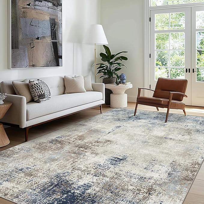 Area Rugs 3x5 Machine Washable Rug for Bedroom Living Room, Large Modern Abstract for Dining Room, Indoor Low Pile Carpet Soft Rugs with Non Slip Rubber Backing, Abstract Blue Gray