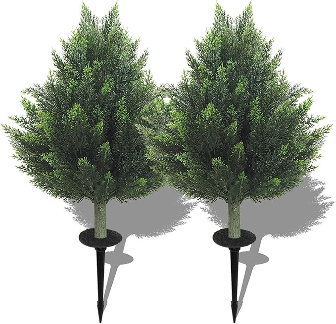 R's Ceder Artificial Topiary Cedar Tree 32 inch Faux Little Bush Cedar Tree UV Resistant Shrub Potted Artificial Plant for Outdoor Indoor Front Porch Garden (2 Pack)