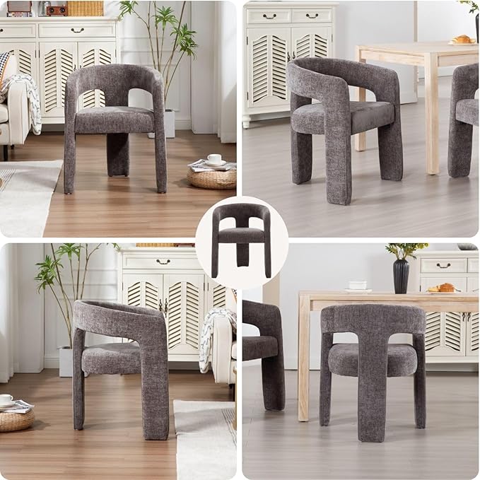 Charcoal Grey Chenille Dining Chairs Set of 4, Modern Barrel Dining Room Chairs Upholstered Accent Chair with Arms and Round Back for Living Room Kitchen Armchair No Assembly Needed