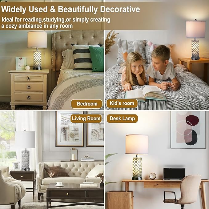 Serteaw Touch Control Table Lamp Set of 2,Silver Crystal Nightstand Lamps with USB Charging Ports, Stepless Dimming, Modern Side Lamps for Bedroom & Living Room, Energy-Efficient LED Bulbs Included