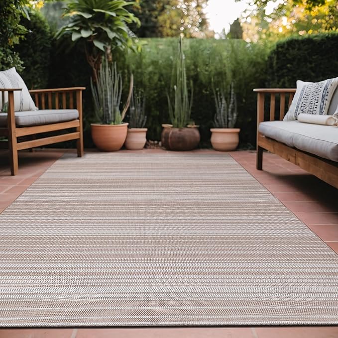 Stripe Outdoor Rug 9x12 Washable Outside Carpet for Indoor Patio Porch Waterproof Easy Cleaning Non Shedding Area Rugs Beige 9 x 12