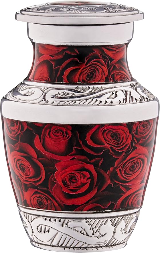 Olivia Memorials Small Urns for Ashes for Women Men - Set of 4 Roses Decorative Mini Urns for Mom Dad Female Male - Red Cremation Urn Keepsake - Flowers Memorial Urn with Roses and Ash Storage