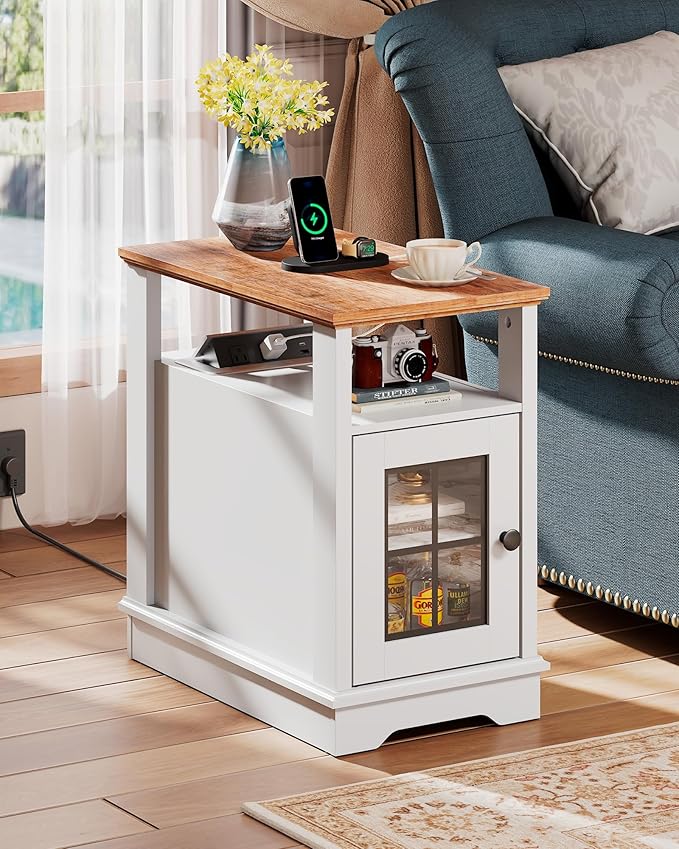 WLIVE Farmhouse End Table with Charging Station, Narrow Side Table for Living Room, Night Stand with Storage , Small Wooden Cabinet with USB Ports and Outlets for Bedroom, 23.62"D x 13.98"W x 23.7"H