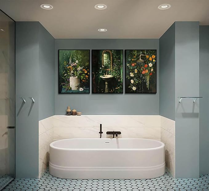 3Pcs Vintage Dark Green Bathroom Wall Art Shower Toilet Paper Roll Floral Poster Print Modern Farmhouse plants Painting Picture Wall Decor For Bathroom Living Room Decoration Unframed