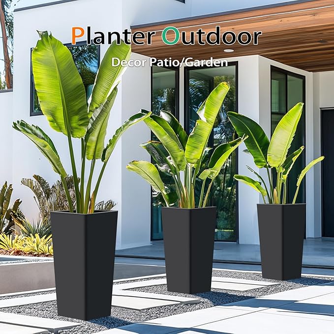 Tall Planters for Outdoor Plants, Large Resin Flower Pots for Garden, Front Porch, Patio, Indoor - Set of 2 (Black, 32 inch - 2 Pack)