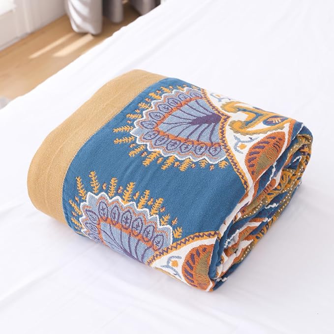 Snycler Boho Throw Blanket for Bed - 100% Cotton Ultra Soft Rustic Quilt Blanket Orange Green Printed Farmhouse Decor Bed Blankets, 80"×90" All Season Rustic Throw for Sofa Couch Chair