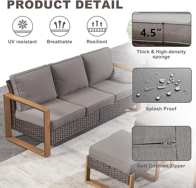 Outdoor Couch Wicker Patio Sofa, Rattan Patio Furniture Sofa with Sturdy Frame,All-Weather PE Wicker,Wide Armrest,Deep Seating and Thick Cushions for Deck Porch Garden(Brown/Grey)