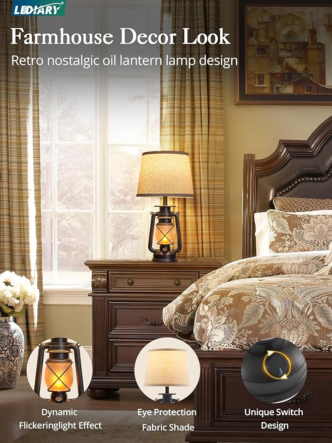 LEDIARY 18.72" Black LED Lantern Flickering Flame Table Lamps for Bedrooms Set of 2, Small Farmhouse Rustic End Table Lamps, Halloween Decorative Lantern Bedside Lamps for Living Room