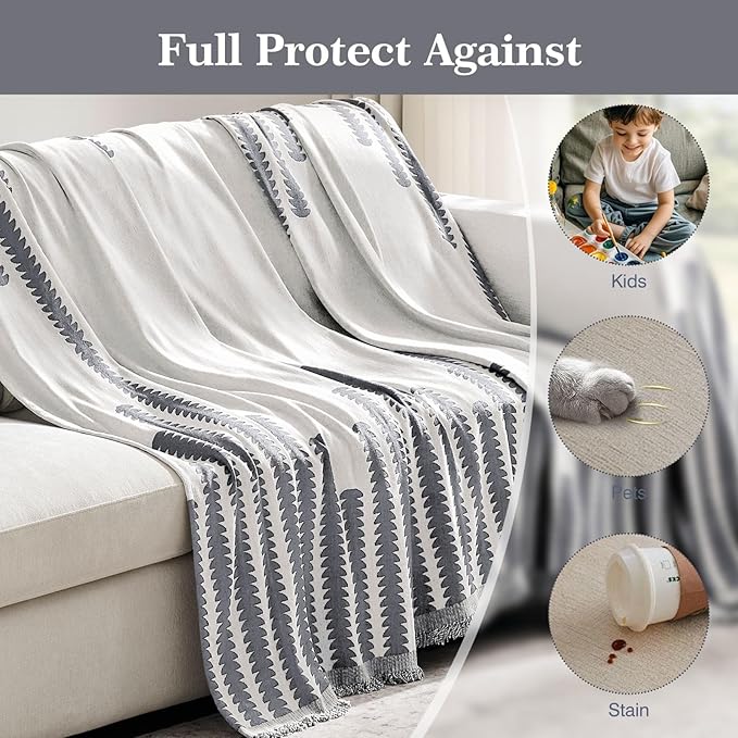 Couch Cover Boho for Dogs Washable Grey Couch Covers for 2 Cushion Couch, Chenille Sectional Couch Covers L Shape Sofa Cover, Furniture Protector for Kids, Pets, Grey 91" X118"