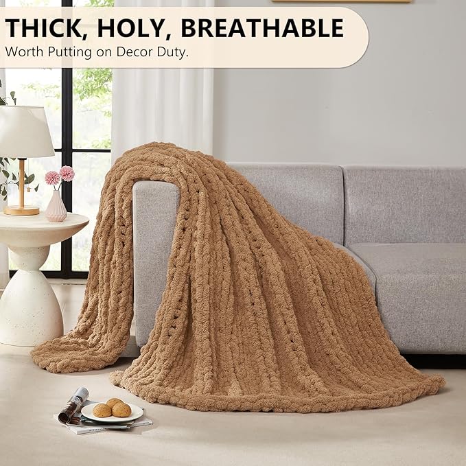 L'AGRATY Chunky Knit Blanket Throw: 72''x84'' Chenille Chunky Knitted Throw Blankets for Bed Couch - Handmade Thick Big Cable Knit Blanket - Large Crochet Rope Blankets for Home Decor(Tan)