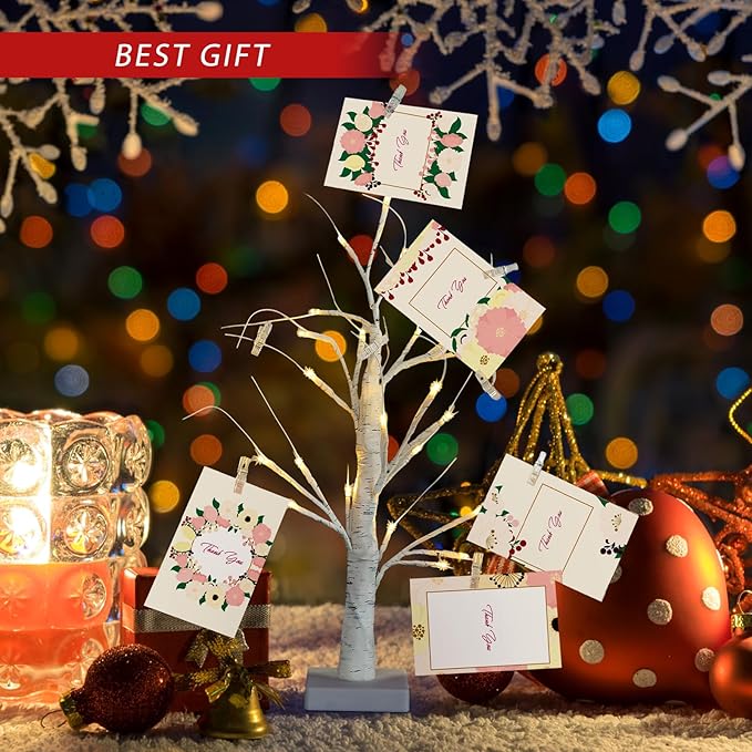 Retisee 4 Pieces Money Tree Gift Card Holder with 12 Clips & 24 LED Lighted Tips 23" White Birch Money Tree for Cash Memo Photo Picture Tabletop Display Christmas Birthday Party Wedding Gifts