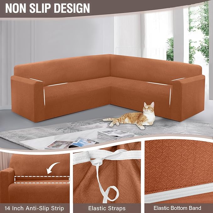 HDCAXKJ Sectional Couch Cover L Shape Stretch Sofa Covers Washable Jacquard Corner Couch Slipcover Non Slip Sectional Slip Cover U Shaped Furniture Protector for Pets Dogs (Rust Red, Medium)