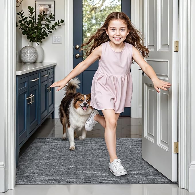 LUMI Ultra Thin Door Mat for Entryway, Low Profile Non Slip Rubber Backing Indoor Doormat, Easy Clean Welcome Entrance Mat for Inside House, Patio, Dark Grey 20"x32"