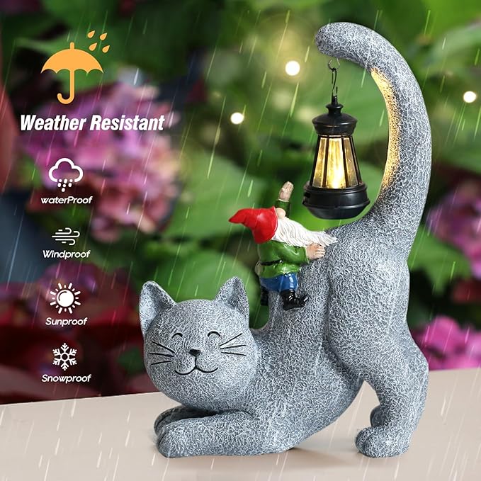 Snowrabbit Cat Statue Garden Decor with Funny Gnome Figurine & Solar Lantern, Motherday Gifts for Mom,Birthday Gift for Women,Cat Statues for Garden,Patio,Yard Decoration, Gray, SR-C-003