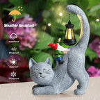 Snowrabbit Cat Statue Garden Decor with Funny Gnome Figurine & Solar Lantern, Motherday Gifts for Mom,Birthday Gift for Women,Cat Statues for Garden,Patio,Yard Decoration, Gray, SR-C-003