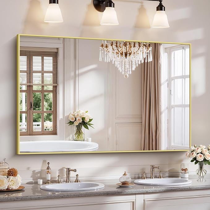 YIROMAN Bathroom Mirror 55"x36", Large Brushed Gold Bathroom Mirror for Over Sink with Aluminum Frame, Rectangular Vanity Mirror with Right Angle, Wall Mirror Hangs Horizontal or Vertical