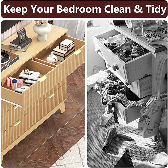 Fluted Dresser for Bedroom,8 Drawer Dresser for Closet Organizer and Storage Cabinet,Chest of Drawers with Gold Handle,TV Stand,Storage Organizer for Living Room,Hallway,Entryway,Nature Oak