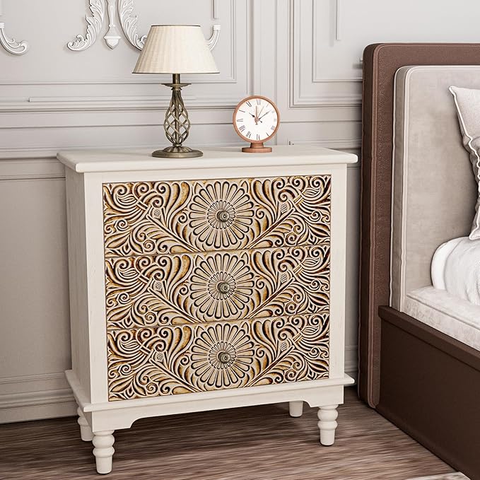 HOMPUS Farmhouse 3-Drawer Dresser with Flower Pattern, Night Stand with 3 Storage Drawers, Fully Assembled Nightstand for Boho, Accent End Table, Chest of Drawers for Entryway, Bedroom, Distress White
